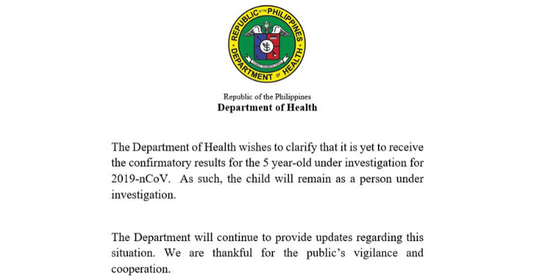 DOH to PH Public: ‘No confirmed cases of 2019-nCoV in the country’