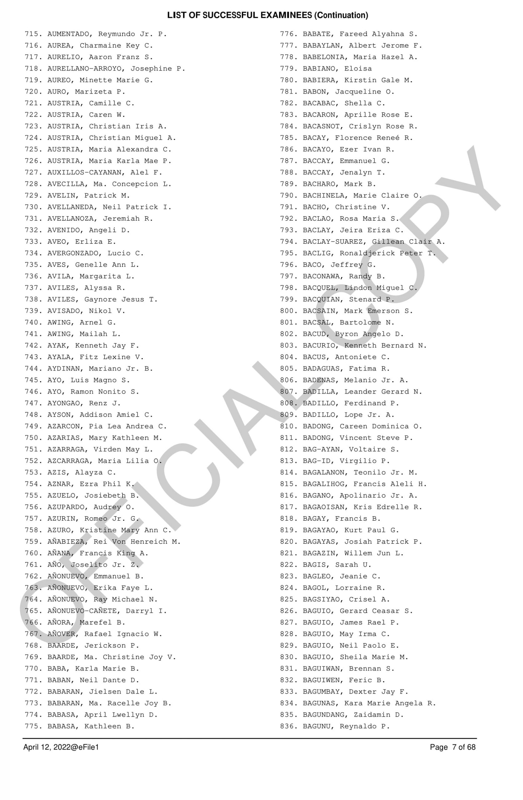 Complete and Official List of Passers 07