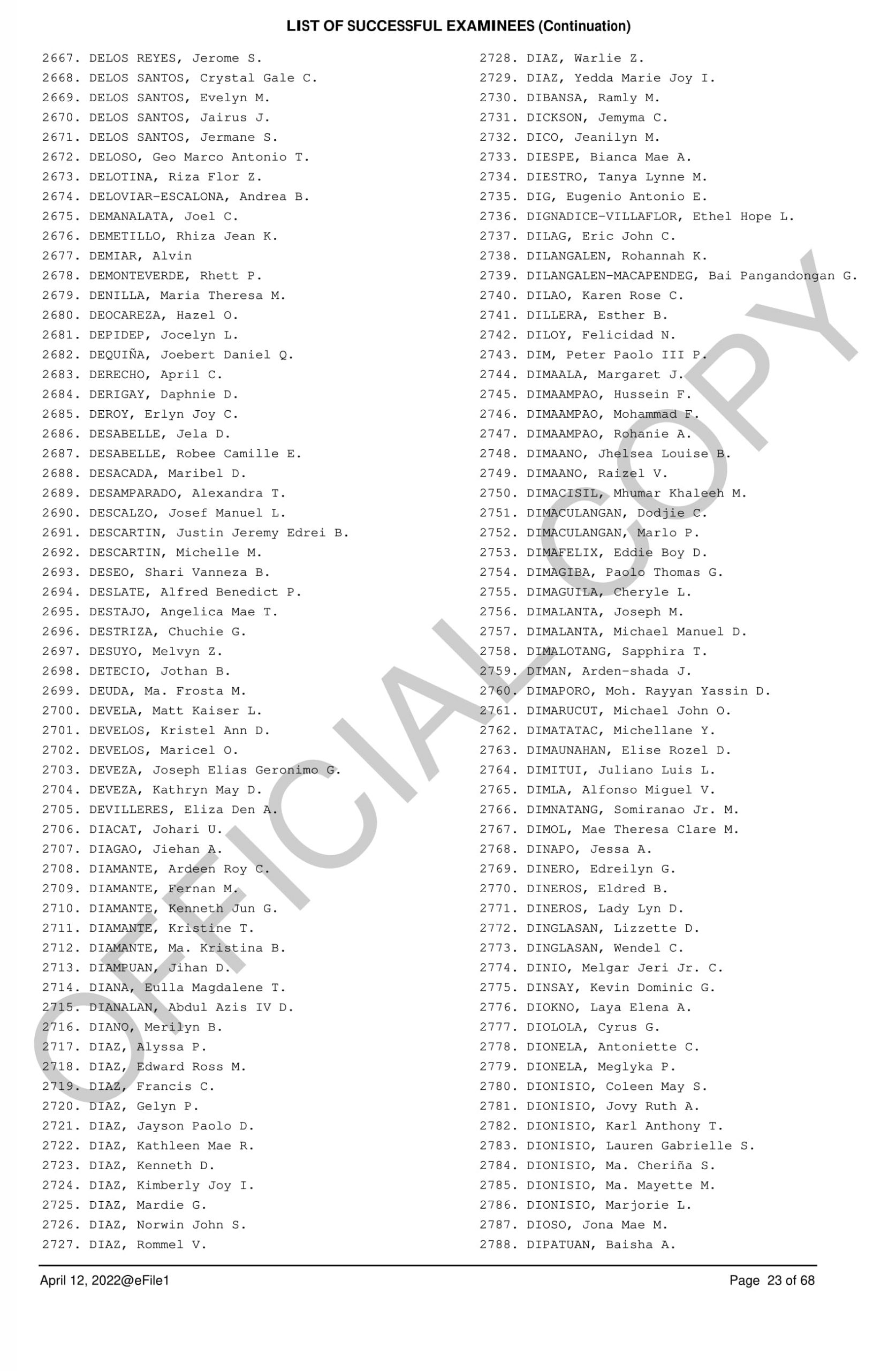 Complete and Official List of Passers 23