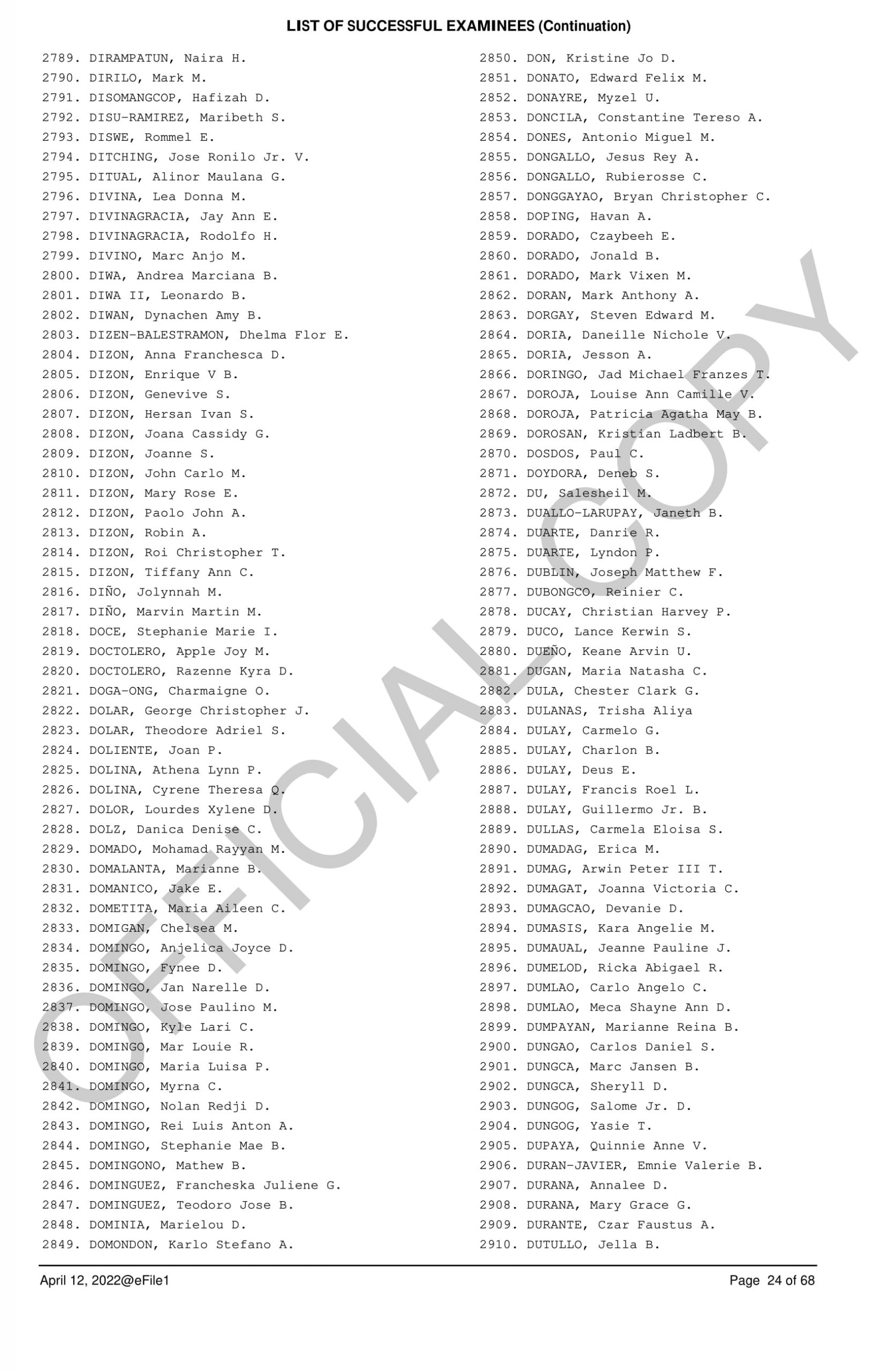 Complete and Official List of Passers 24