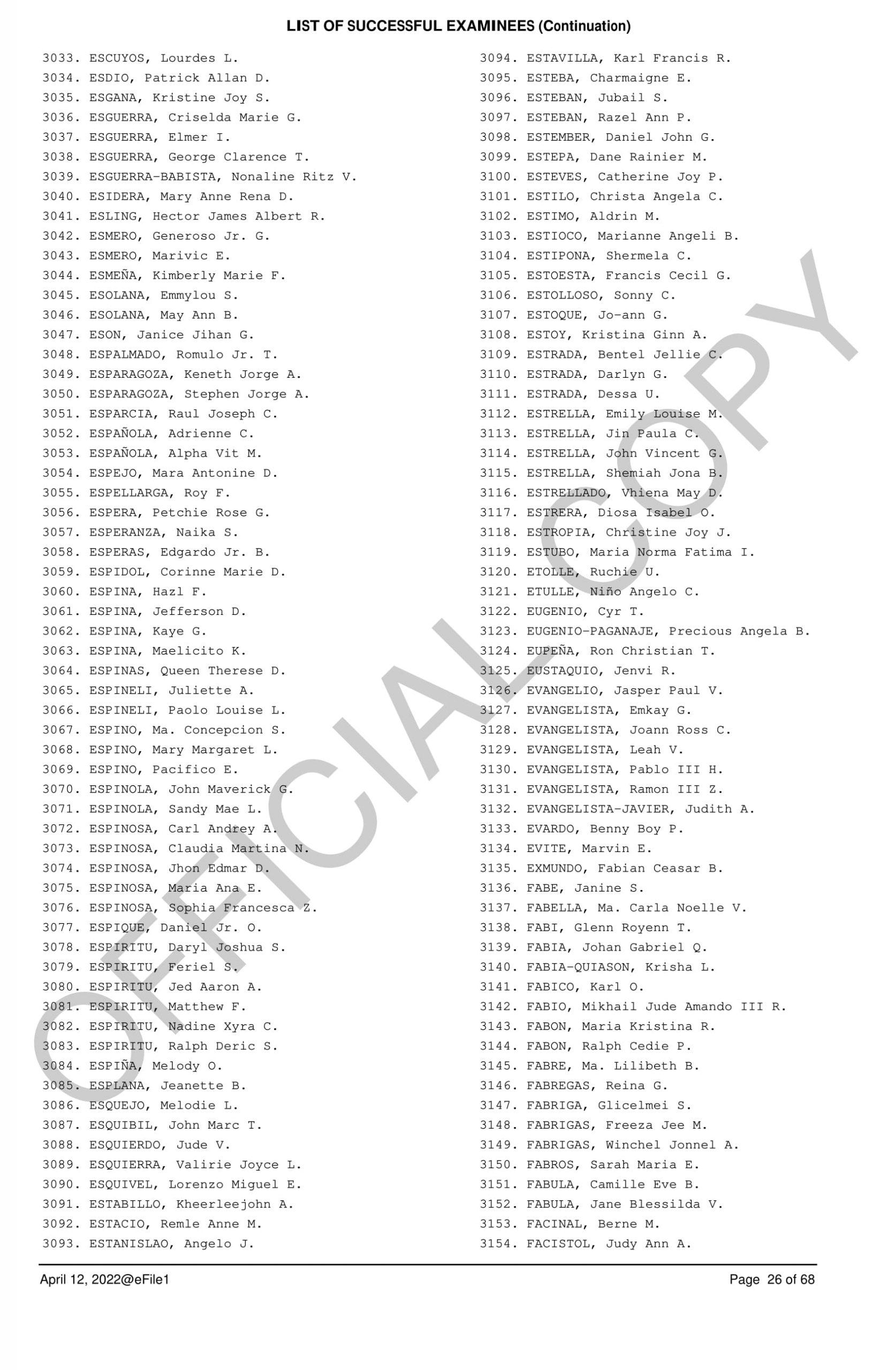 Complete and Official List of Passers 26