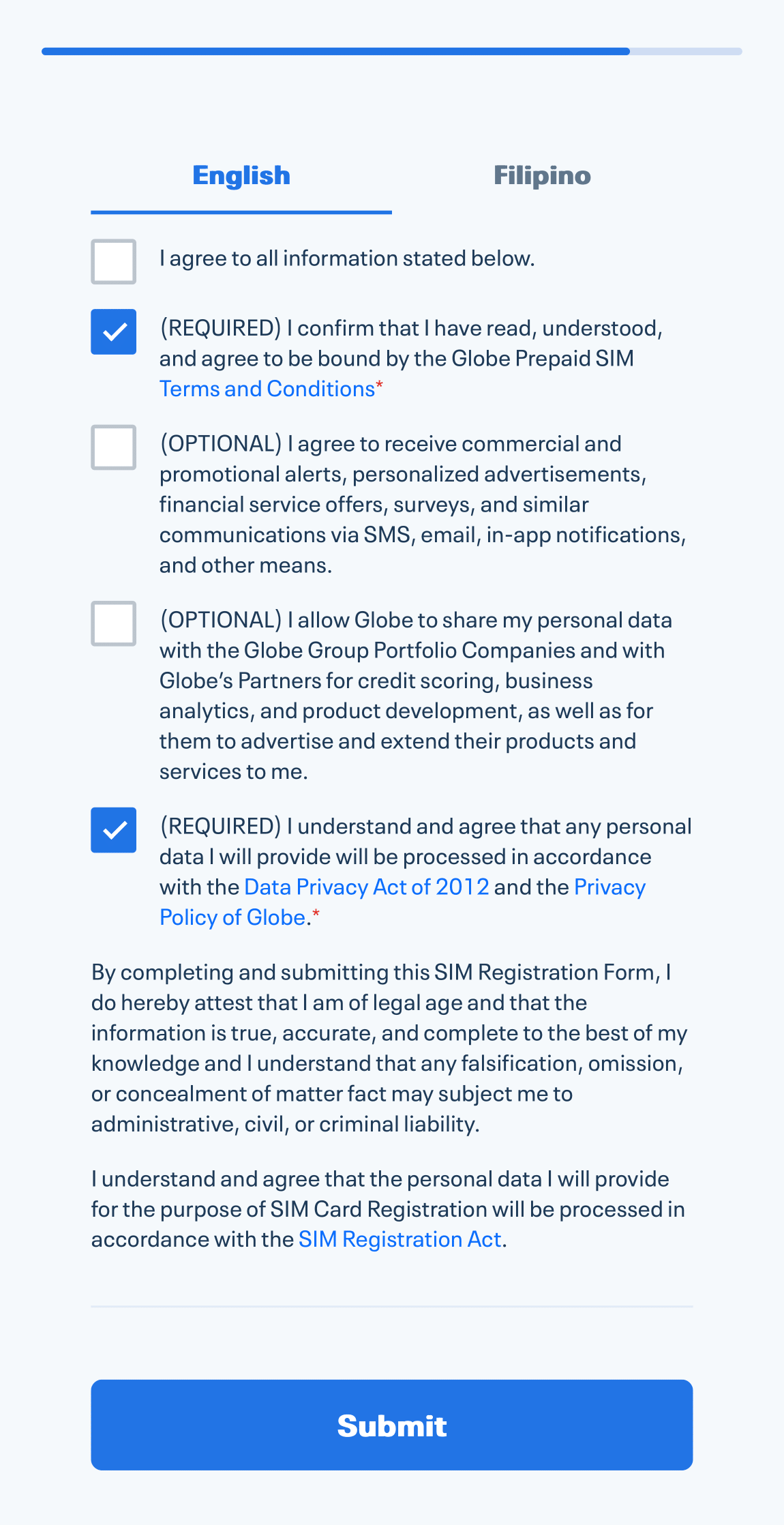 Globe's "Terms and Conditions" and "Data Privacy."
