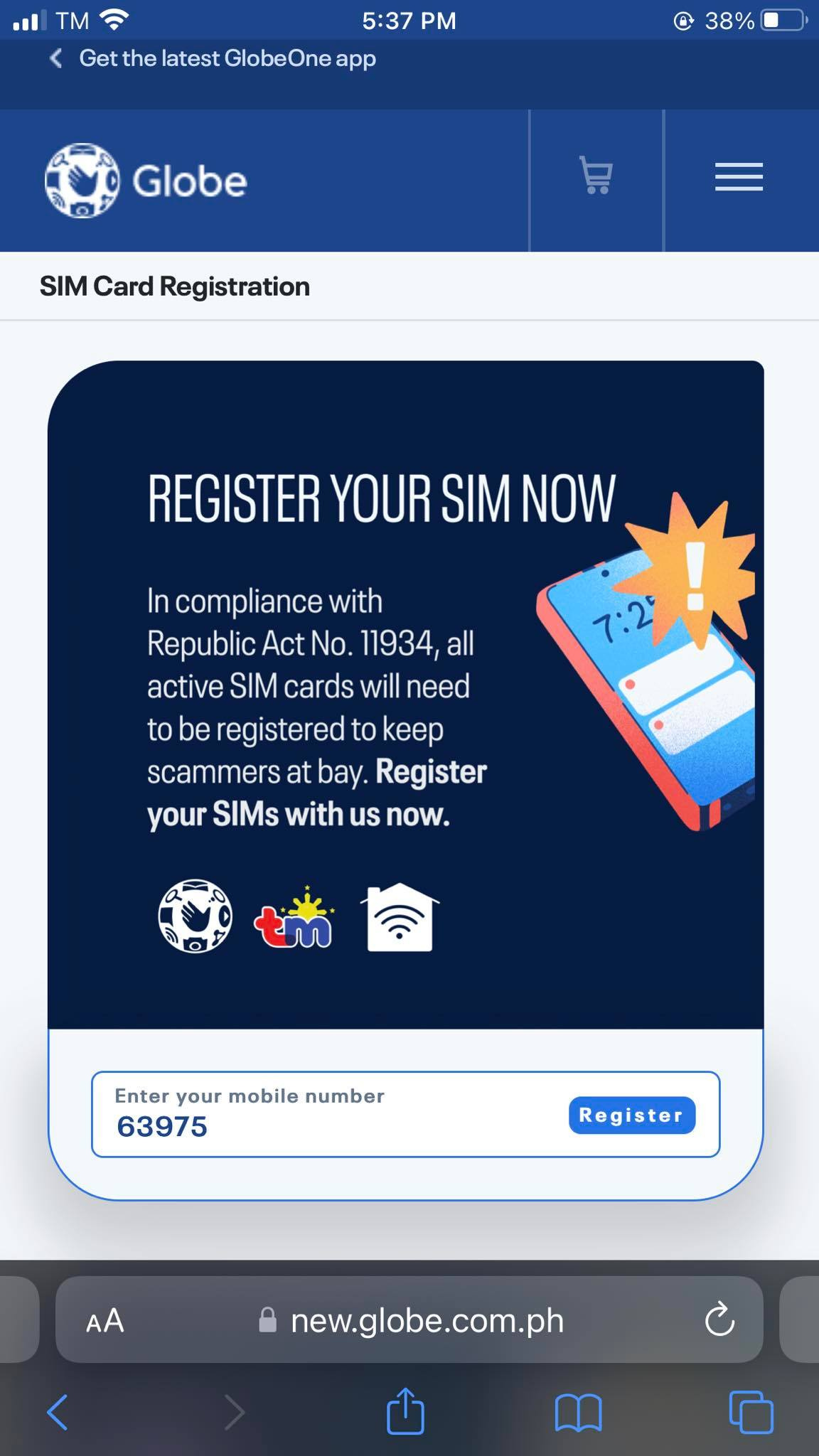 tm sim card registration step 1