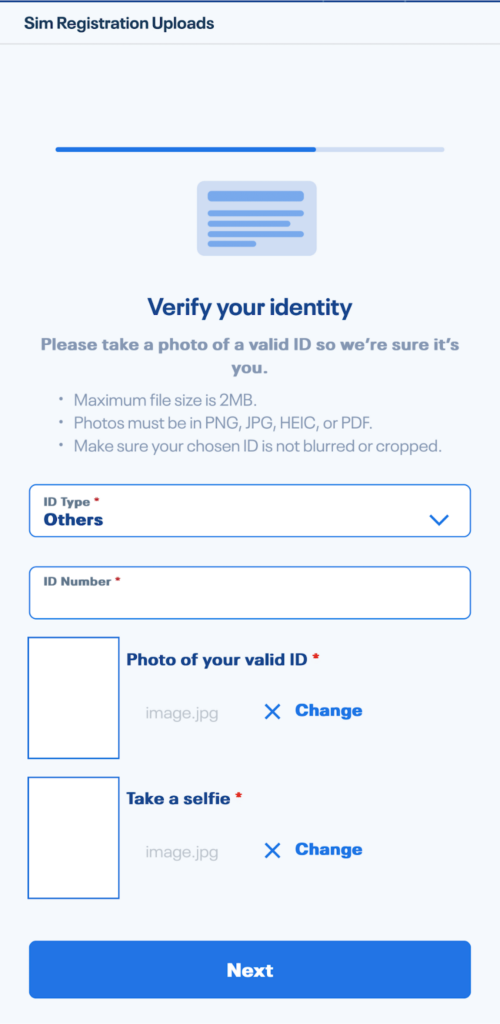 screenshot of the sim registraion valid  ID upload process