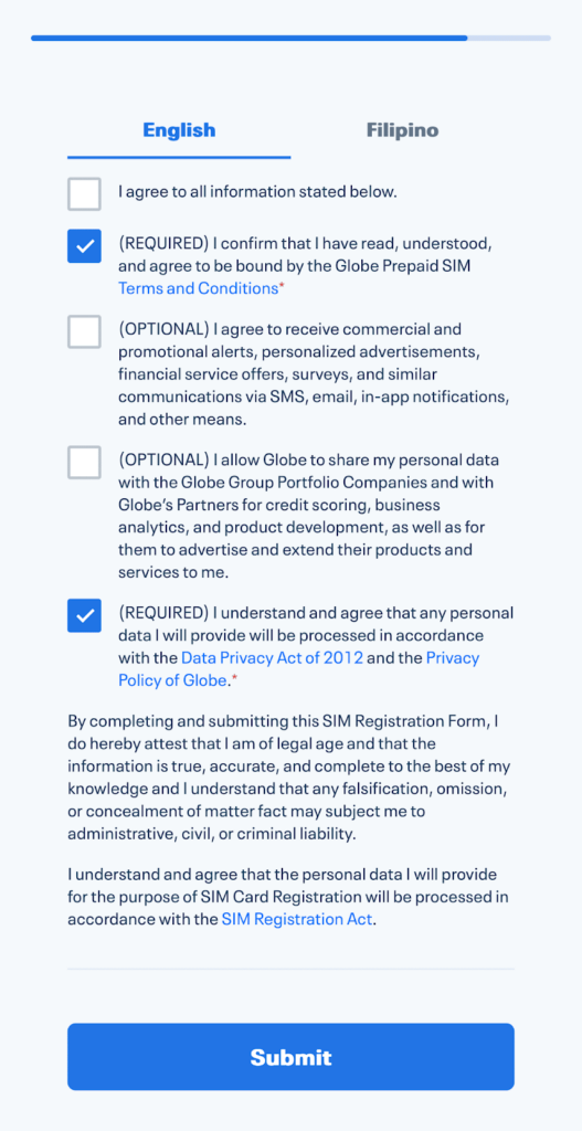 screenshot of terms and conditions upon sim registration with check boxes