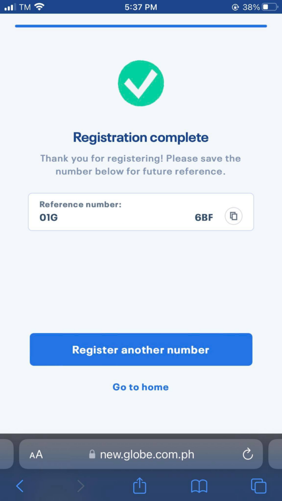 screenshot of a successful sim registration with a reference number