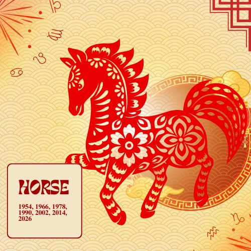 a graphic illustration of a horse designed with chinese-style elements