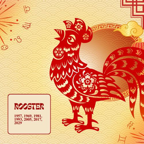 a graphic illustration of a rooster designed with chinese-style elements