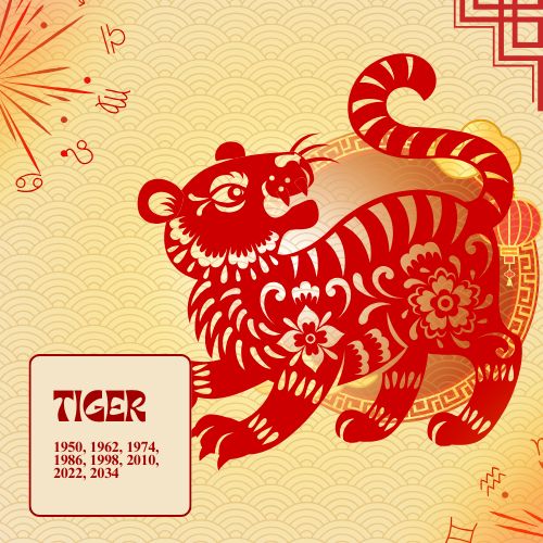 a graphic illustration of a tiger designed with chinese-style elements