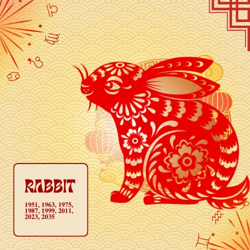 a graphic illustration of a rabbit designed with chinese-style elements