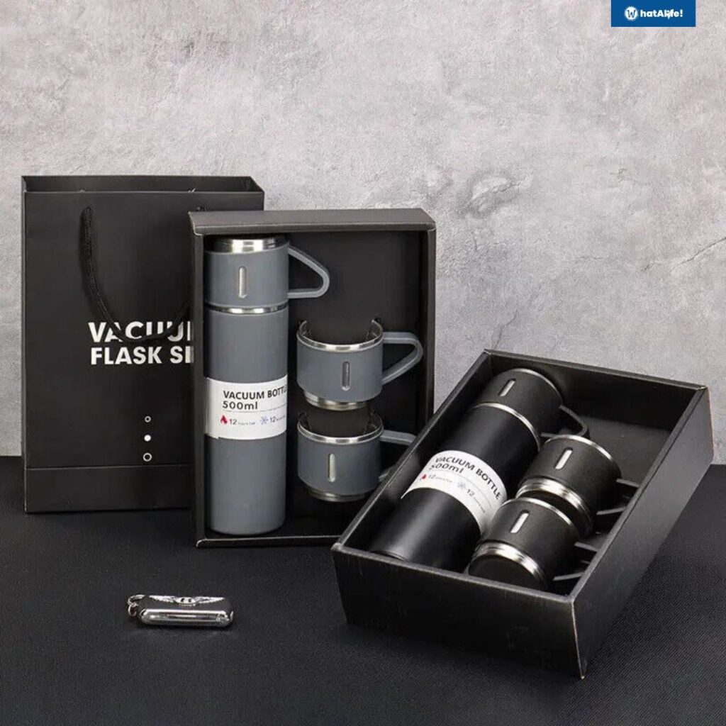 stainless steel thermos flask and cups