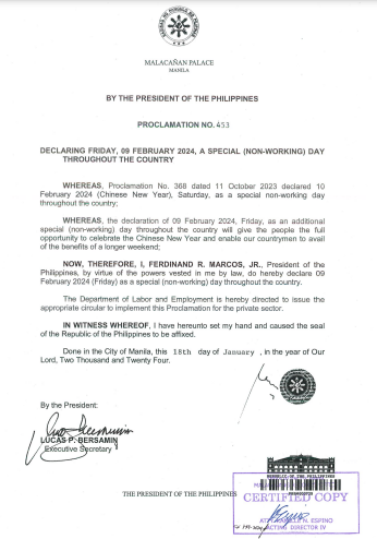 Proclamation No. 453 - February 9 declared a Special Non-working Holiday in the Philippines 