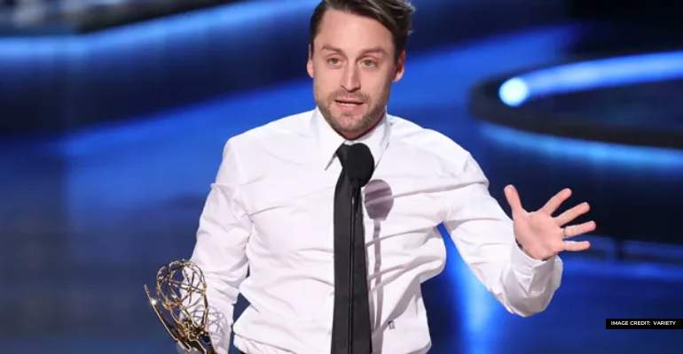 Kieran Culkin reacts to winning Outstanding Lead Actor at the Emmys