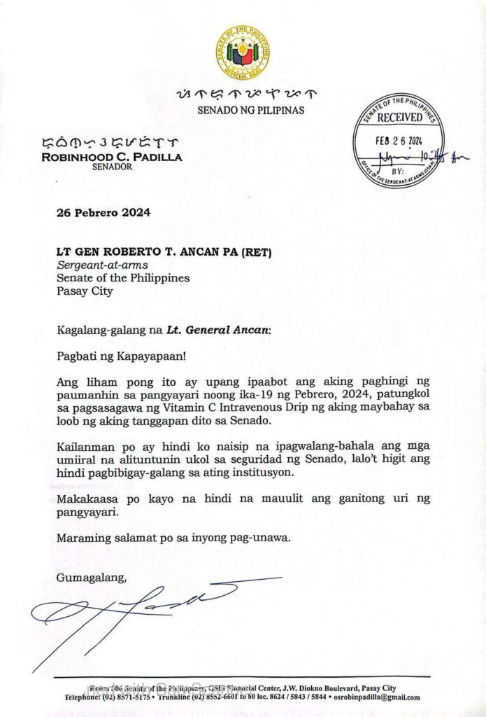 Apology Letter of Robin Padilla due to the controversy of her wife, Mariel Padilla IV drip session