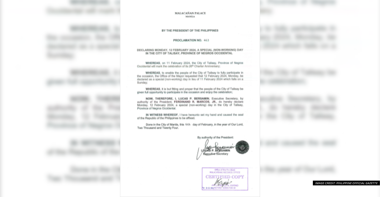 palace declares february 12 a special non working holiday in talisay negros occidental