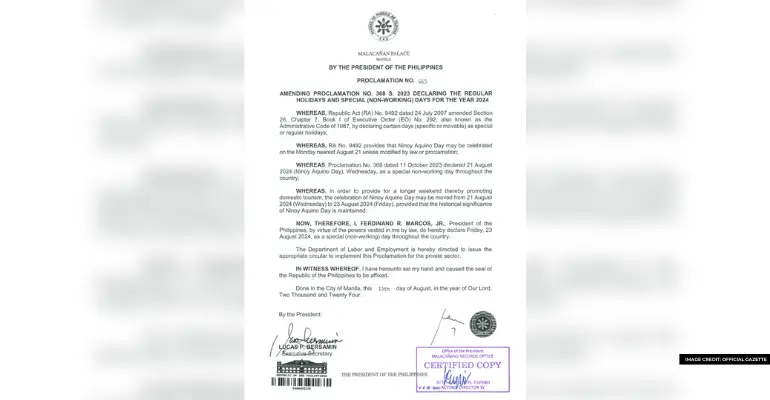 PBBM moves Ninoy Aquino Day 2024 Observance to August 23 