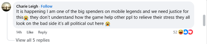 Screenshot of @Charie Leigh on Facebook about the Mobile Legends ban