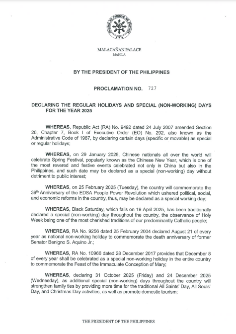 screenshot image of Proclamation No. 727 indicating Januay 29, 2025 as a special (non-working) holiday