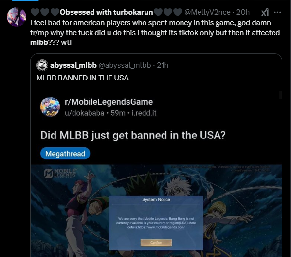 Screenshot of @MellyV2nce on twitter about the Mobile Legends ban