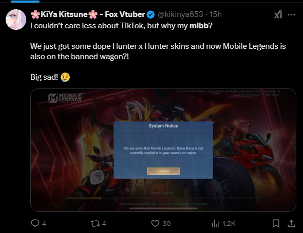 Screenshot of @kikinya653 on twitter about the Mobile Legends ban